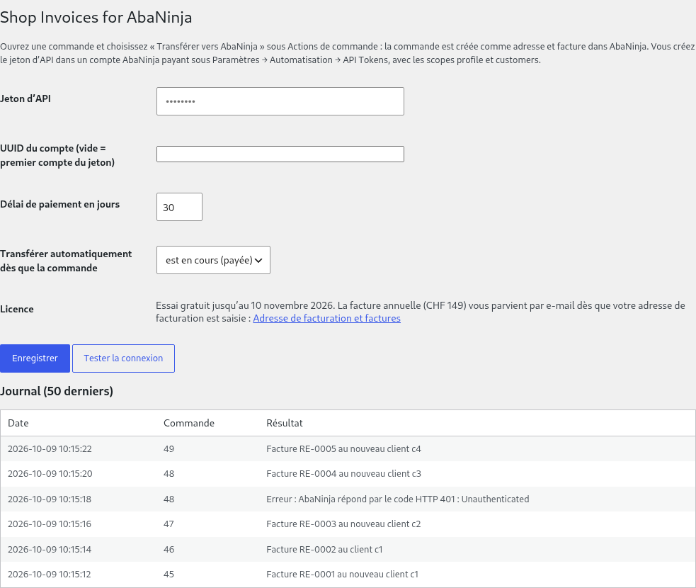 Page de réglages « Shop Invoices for AbaNinja » : jeton d’API, délai de paiement, déclencheur Pro (commande payée), licence Pro (essai), journal avec une erreur
