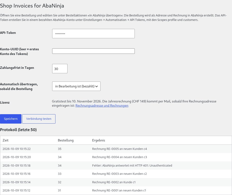 Einstellungsseite «Shop Invoices for AbaNinja» in WordPress: API-Token, Konto-UUID, Zahlungsfrist, Pro-Auslöser (bezahlt), Pro-Lizenz (Test), Protokoll mit Fehler
