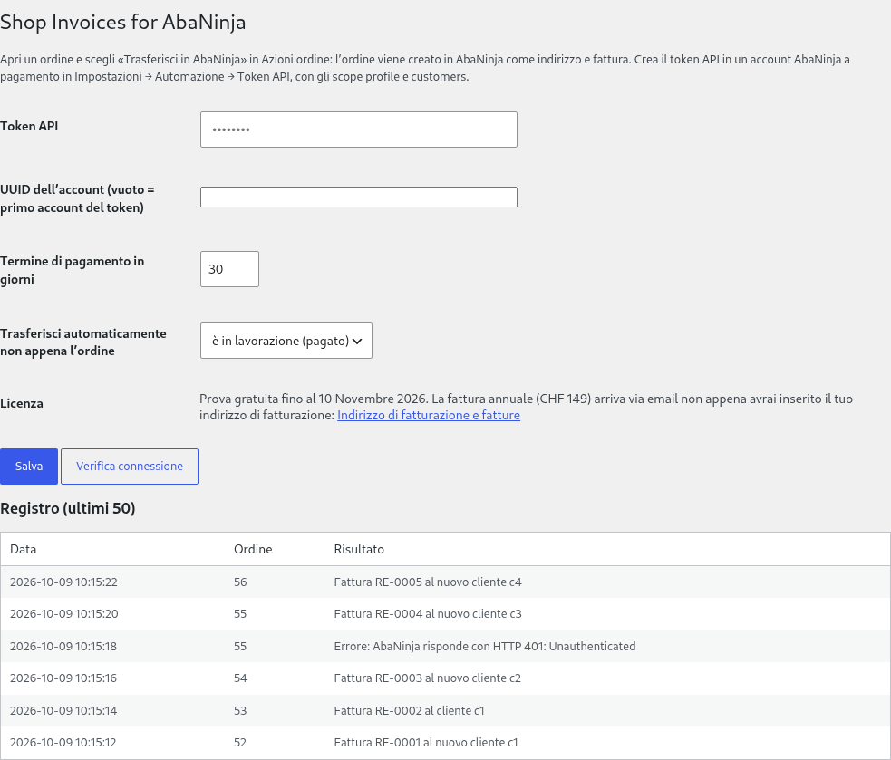 Pagina impostazioni «Shop Invoices for AbaNinja»: token API, termine di pagamento, attivazione Pro (ordine pagato), licenza Pro (prova), registro con un errore