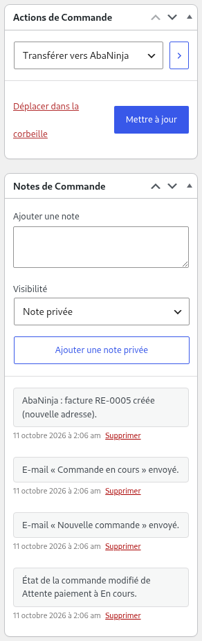 Commande dans WooCommerce : action « Transférer vers AbaNinja » sélectionnée, en dessous la note de commande : facture AbaNinja RE-0005 créée (nouvelle adresse)