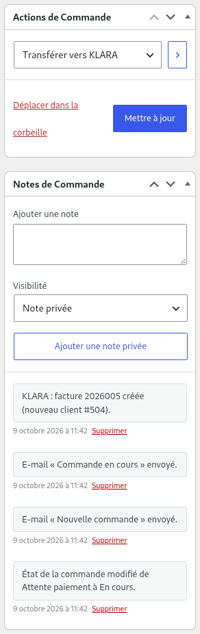 Commande dans WooCommerce : action « Transférer vers KLARA » sélectionnée, en dessous la note de commande : facture KLARA 2026005 créée, nouveau client