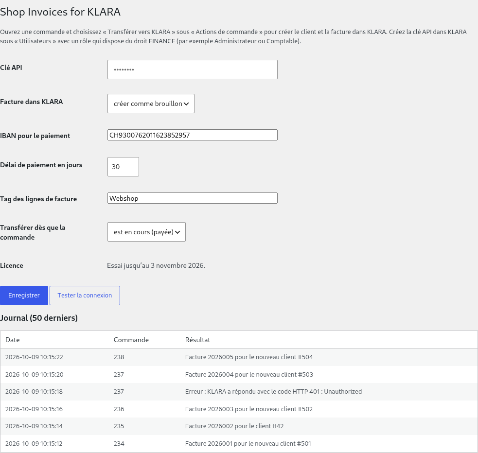 Page de réglages « Shop Invoices for KLARA » : clé API, brouillon, IBAN, déclencheur Pro (commande payée), licence Pro (essai), journal avec une erreur
