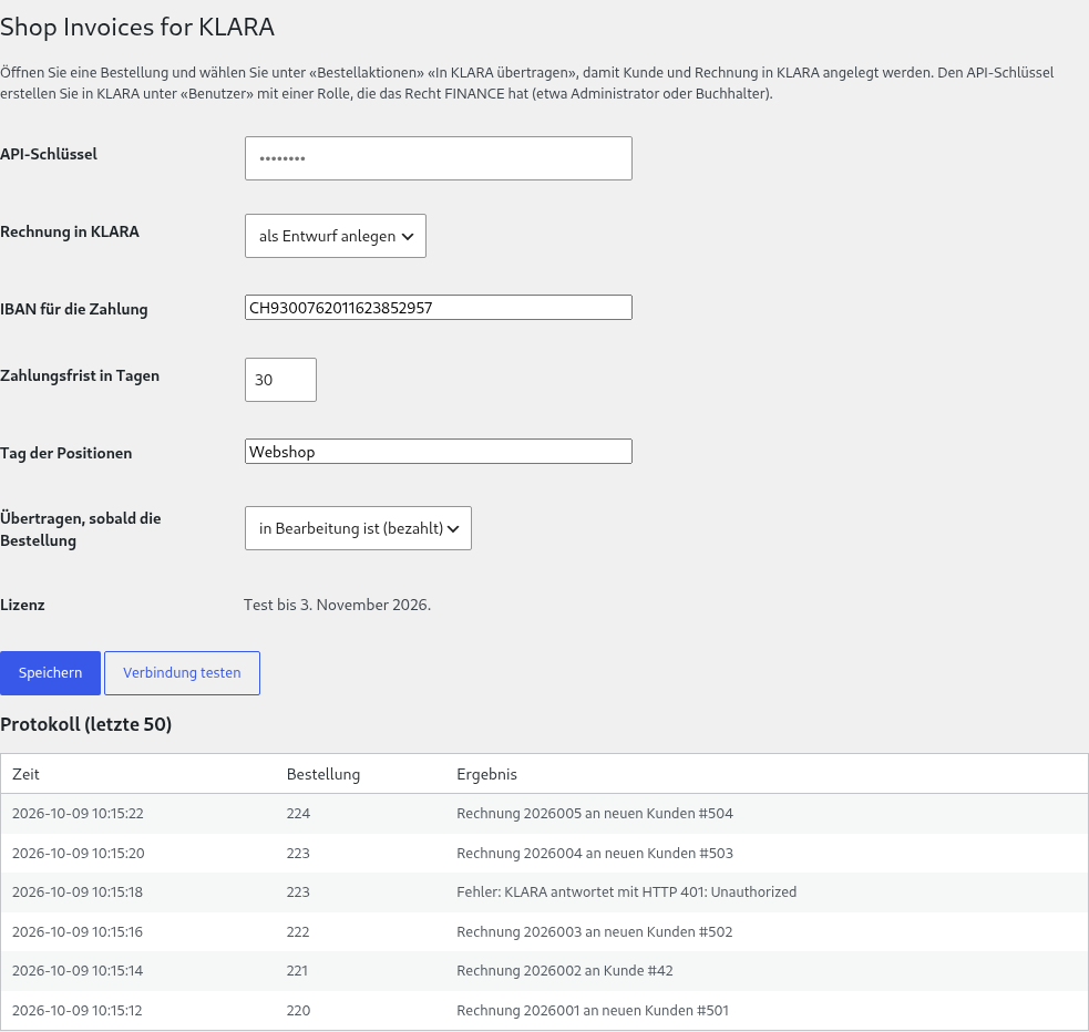 Einstellungsseite «Shop Invoices for KLARA» in WordPress: API-Schlüssel, Entwurf, IBAN, Pro-Auslöser (bezahlt), Pro-Lizenz (Test), Protokoll mit Fehler