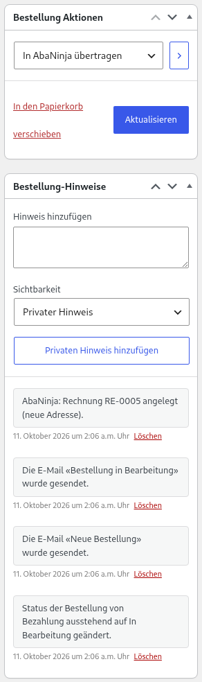 Bestellung in WooCommerce: Bestellaktion «In AbaNinja übertragen» gewählt, darunter die Bestellnotiz: AbaNinja-Rechnung RE-0005 angelegt (neue Adresse)
