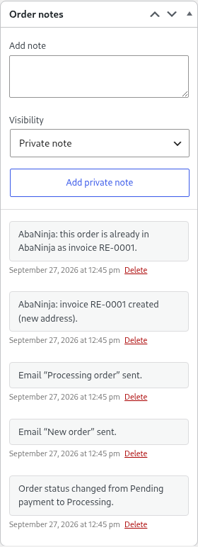 Order notes in WooCommerce: AbaNinja invoice RE-0001 created, order already in AbaNinja