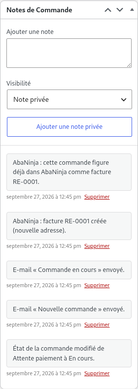 Notes de commande dans WooCommerce : facture AbaNinja RE-0001 créée, commande déjà présente dans AbaNinja