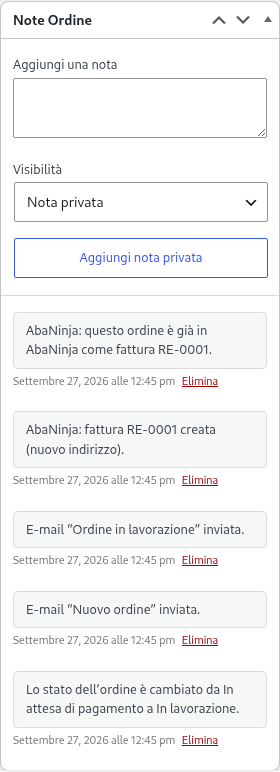 Note dell’ordine in WooCommerce: fattura AbaNinja RE-0001 creata, ordine già presente in AbaNinja