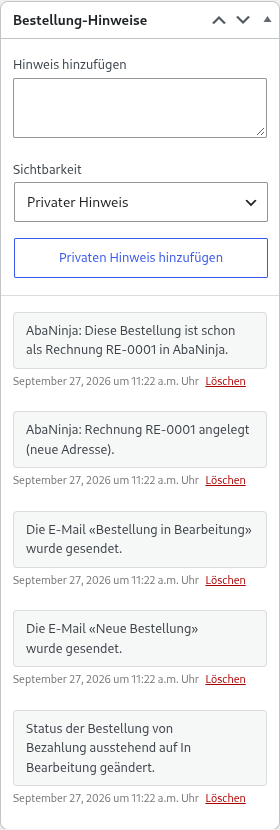Bestellnotiz in WooCommerce: AbaNinja-Rechnung RE-0001 angelegt