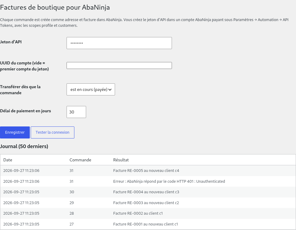 Page de réglages dans l’administration WordPress : jeton API, déclencheur, délai de paiement, journal des commandes transmises