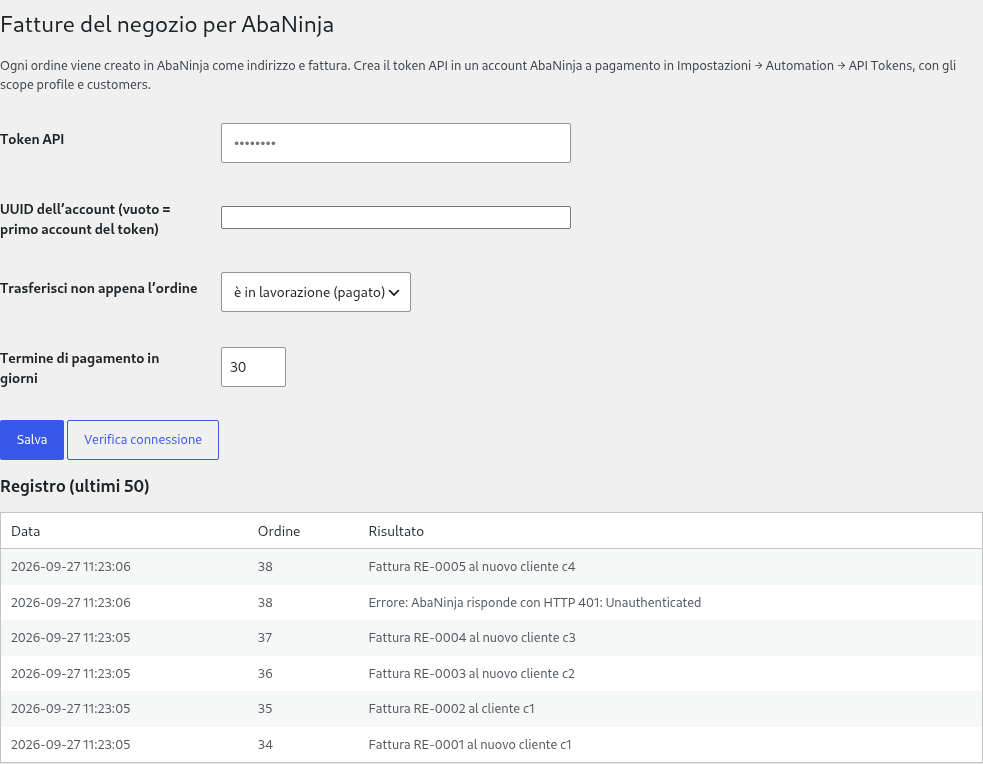 Pagina delle impostazioni nel backend di WordPress: token API, attivazione, termine di pagamento, registro degli ordini trasmessi