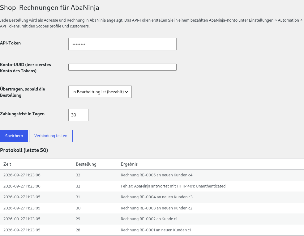 Einstellungsseite im WordPress-Backend: API-Token, Auslöser, Zahlungsfrist, Protokoll der übertragenen Bestellungen