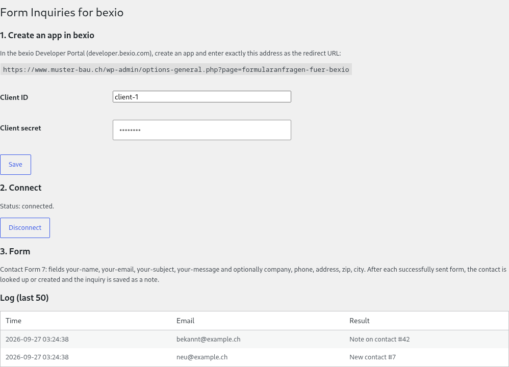 Settings page in the WordPress admin: connection to bexio established, log with a new contact and a note on an existing contact