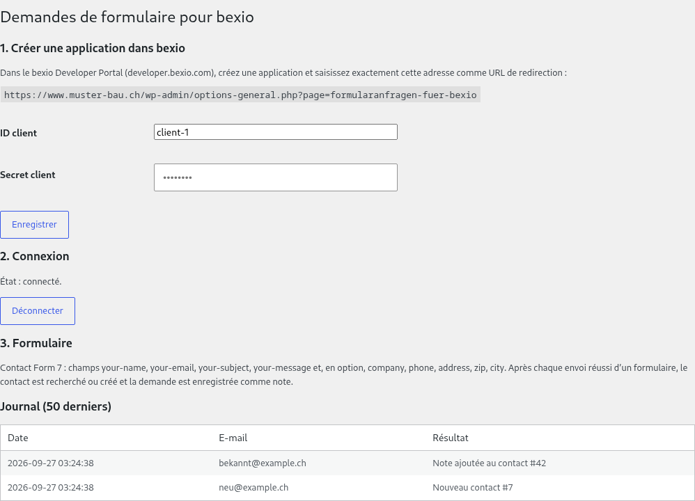 Page de réglages dans l’administration WordPress : connexion à bexio établie, journal avec nouveau contact et note ajoutée à un contact existant