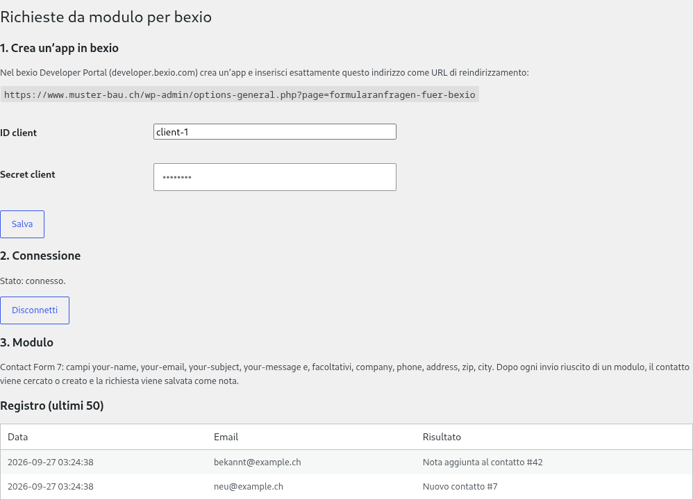 Pagina delle impostazioni nel backend di WordPress: connessione con bexio stabilita, registro con nuovo contatto e nota su un contatto esistente