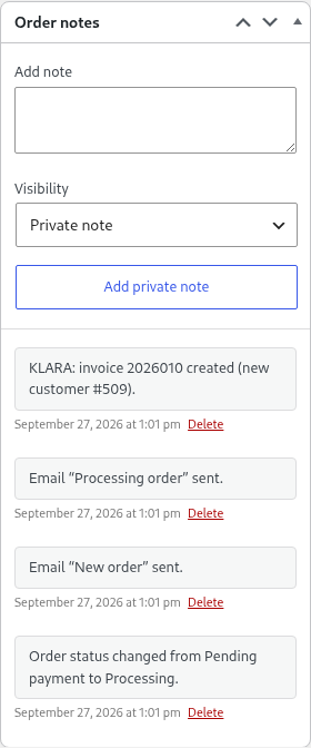 Order notes in WooCommerce: KLARA invoice created, new customer