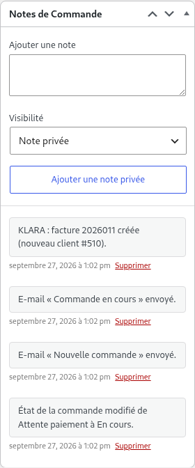 Notes de commande dans WooCommerce : facture KLARA créée, nouveau client