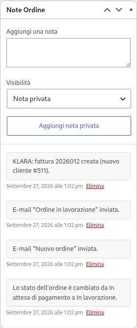 Note dell’ordine in WooCommerce: fattura KLARA creata, nuovo cliente