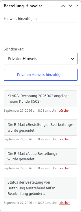 Bestellnotiz in WooCommerce: KLARA-Rechnung 2026003 angelegt, neuer Kunde