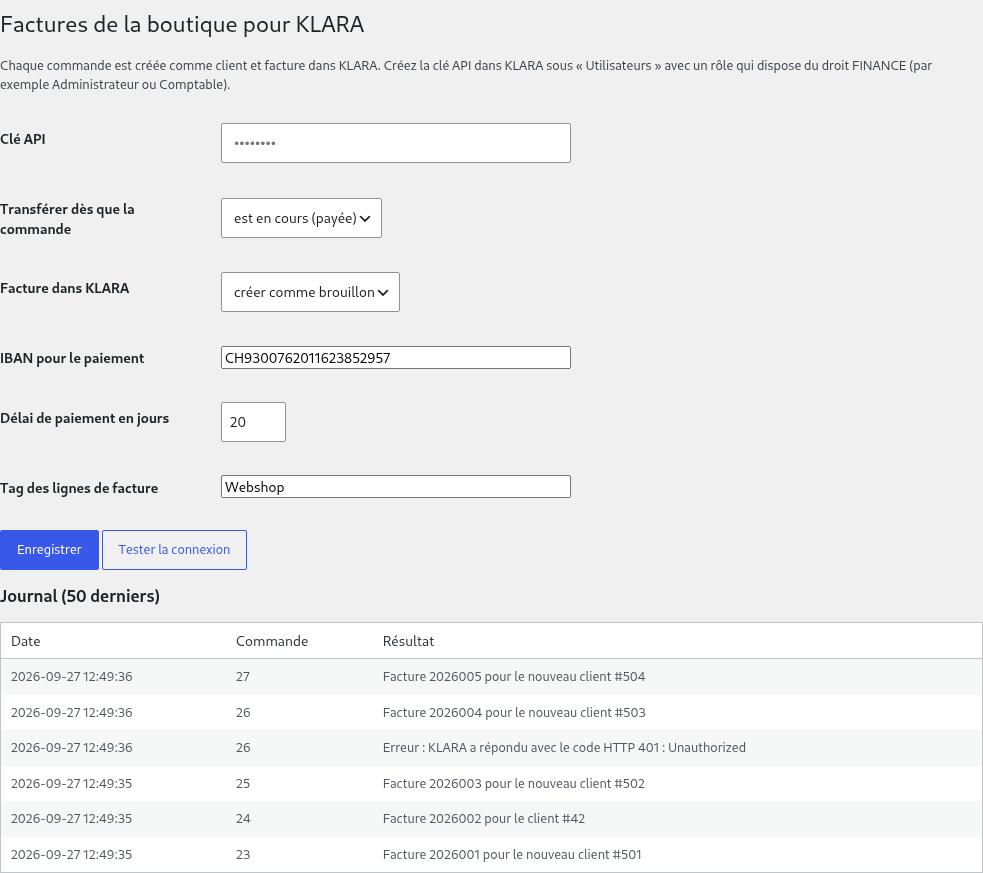 Page de réglages dans l’administration WordPress : clé API, déclencheur, brouillon ou comptabilisation, IBAN, journal des commandes transmises