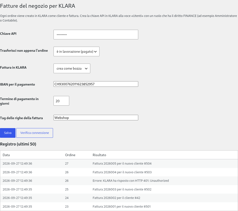Pagina delle impostazioni nel backend di WordPress: chiave API, attivazione, bozza o registrazione, IBAN, registro degli ordini trasmessi