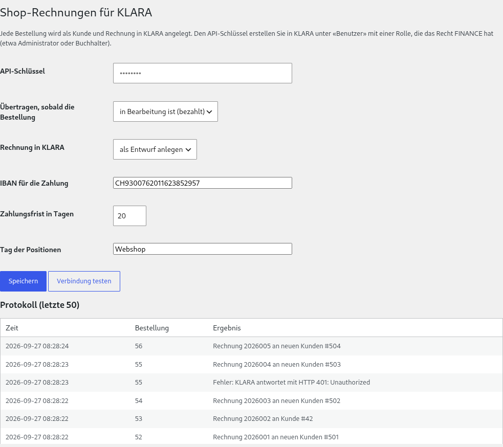 Einstellungsseite im WordPress-Backend: API-Schlüssel, Auslöser, Entwurf oder Buchung, IBAN, Protokoll der übertragenen Bestellungen