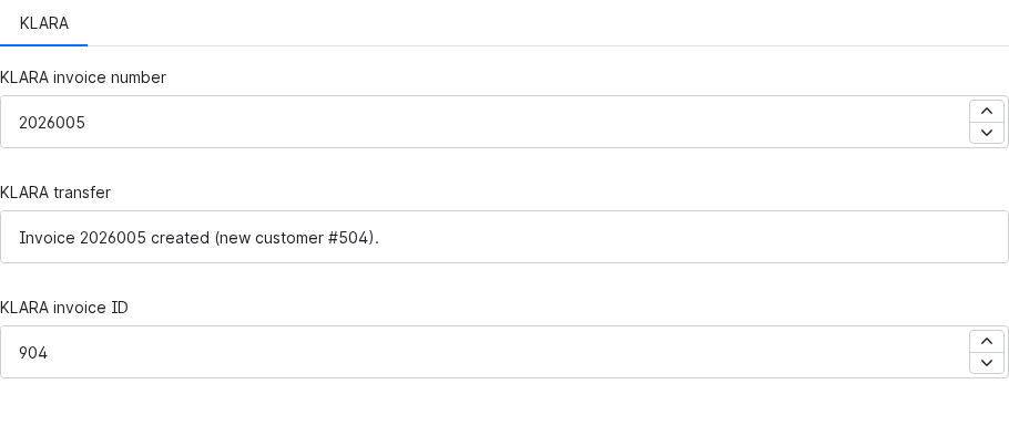 Shopware administration, order with the custom fields KLARA invoice number, transfer and invoice ID