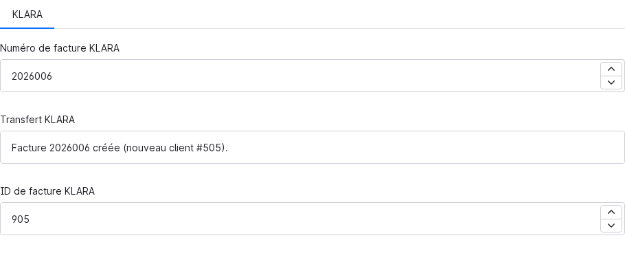 Administration Shopware, commande avec les champs personnalisés numéro de facture KLARA, transfert et ID de facture