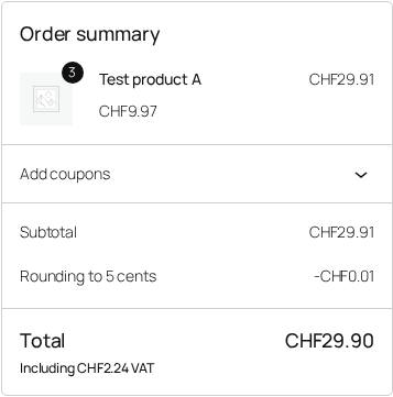 WooCommerce checkout block: subtotal CHF 29.91, rounding -CHF 0.01, total CHF 29.90 including CHF 2.24 VAT
