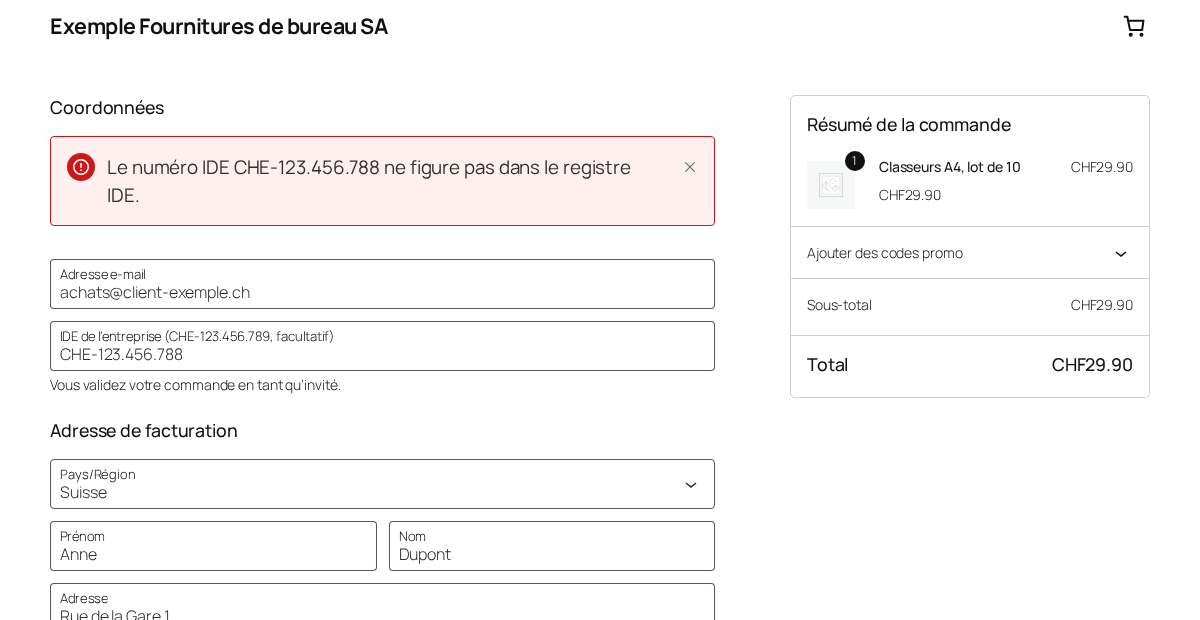 Checkout WooCommerce avec champ IDE : le numéro saisi n’est pas inscrit au registre IDE, la commande est refusée