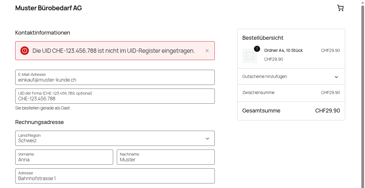 WooCommerce-Checkout mit UID-Feld: die eingegebene UID ist nicht im UID-Register eingetragen, die Bestellung wird abgelehnt