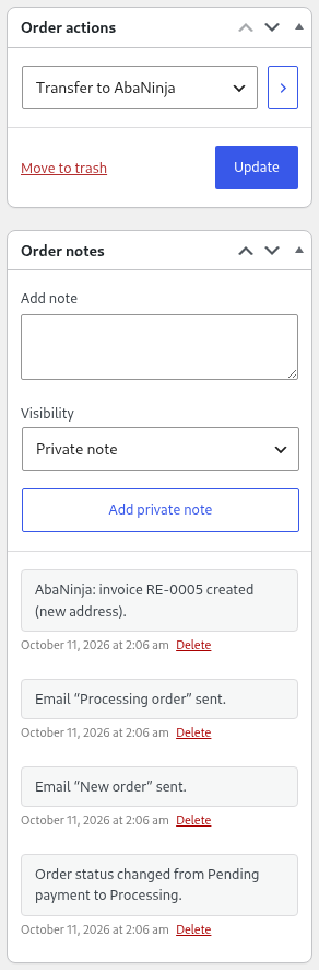 Order in WooCommerce: order action Transfer to AbaNinja selected, below it the order note: AbaNinja invoice RE-0005 created (new address)