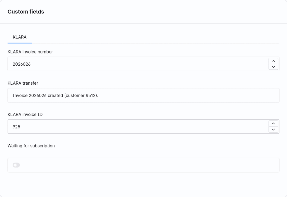 Shopware order, custom fields card: KLARA invoice number, KLARA transfer "Invoice created", KLARA invoice ID