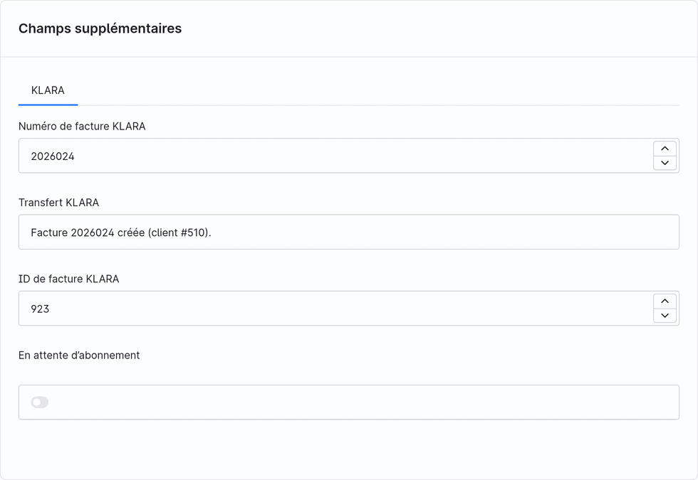 Commande Shopware, carte des champs personnalisés : numéro de facture KLARA, transfert KLARA « Facture créée », ID de facture KLARA