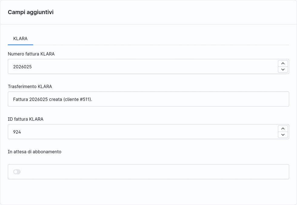Ordine Shopware, scheda dei campi personalizzati: numero di fattura KLARA, trasferimento KLARA «Fattura creata», ID fattura KLARA