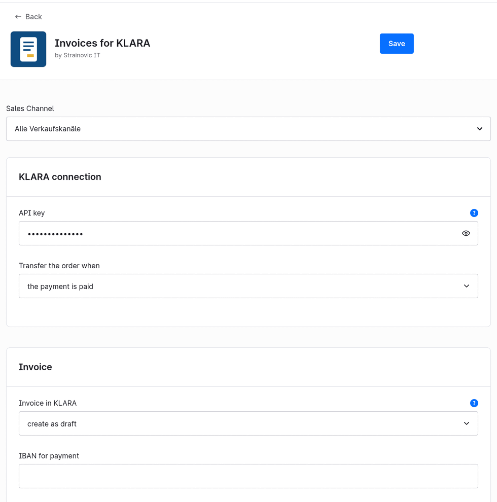 Plugin configuration in the Shopware administration: API key, trigger "the payment is paid", invoice as draft, IBAN