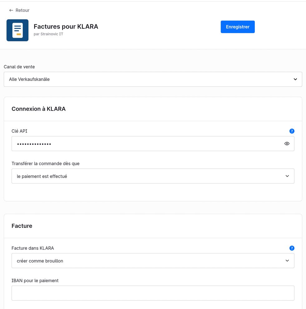Configuration du plugin dans l’administration Shopware : clé API, déclencheur « le paiement est effectué », facture en brouillon, IBAN