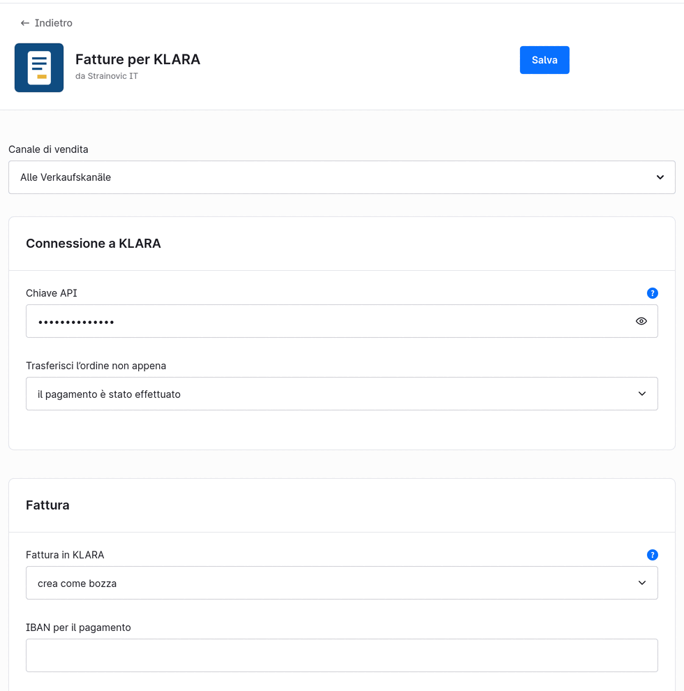 Configurazione del plugin nell’amministrazione Shopware: chiave API, attivazione «il pagamento è stato effettuato», fattura come bozza, IBAN
