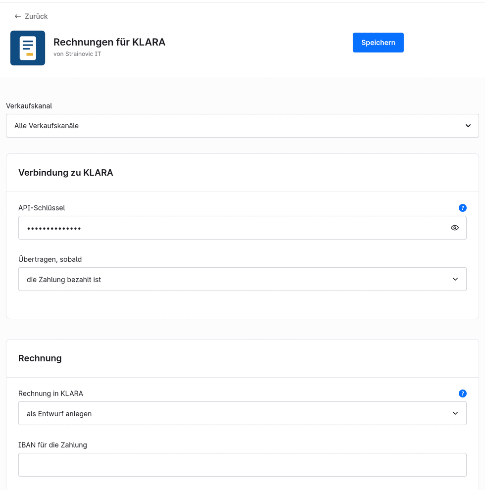 Plugin-Konfiguration in der Shopware-Administration: API-Schlüssel, Auslöser «die Zahlung bezahlt ist», Rechnung als Entwurf, IBAN