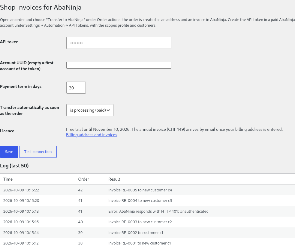 Settings page Shop Invoices for AbaNinja in WordPress: API token, account UUID, payment term, Pro trigger (order paid), Pro licence (trial), log with one error