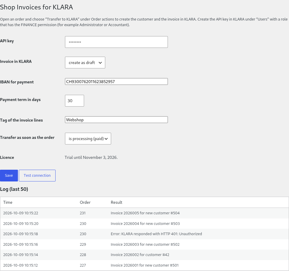 Settings page Shop Invoices for KLARA in WordPress: API key, draft, IBAN, payment term, Pro trigger (order paid), Pro license (trial), log with one error