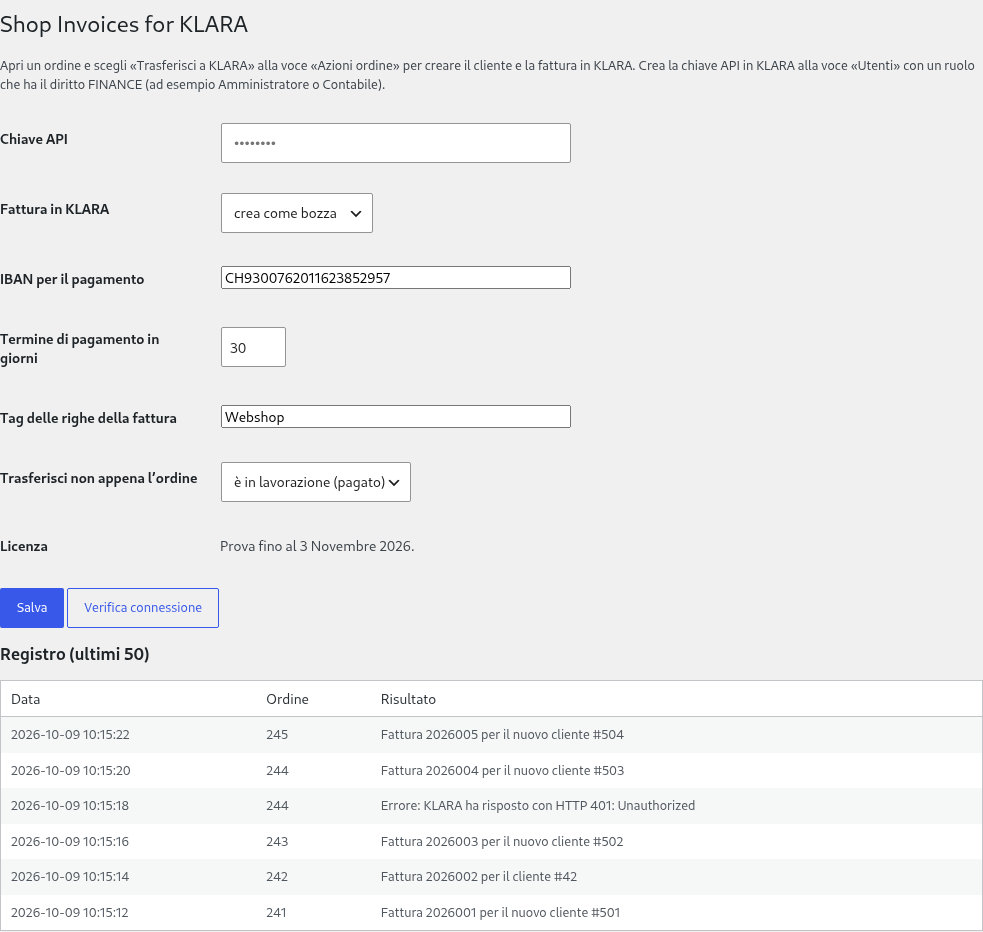 Pagina delle impostazioni «Shop Invoices for KLARA»: chiave API, bozza, IBAN, attivazione Pro (ordine pagato), licenza Pro (prova), registro con un errore