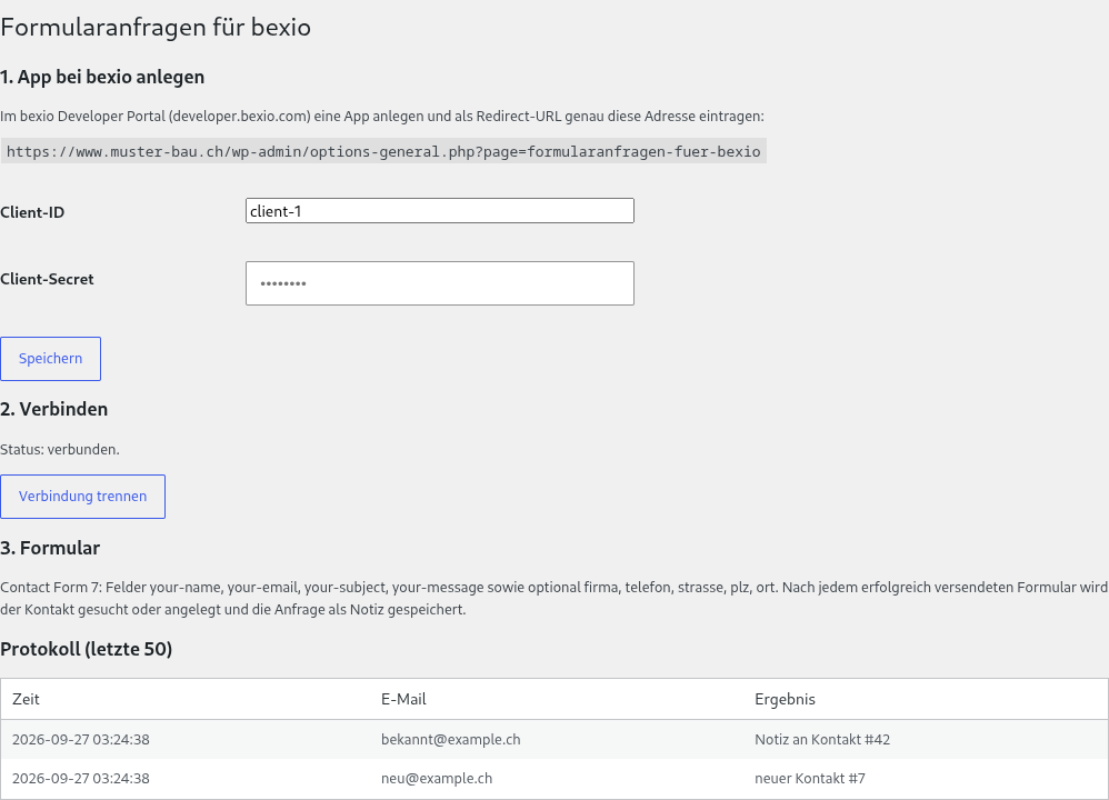 Einstellungsseite im WordPress-Backend: Verbindung mit bexio hergestellt, Protokoll mit neuem Kontakt und Notiz an bestehenden Kontakt