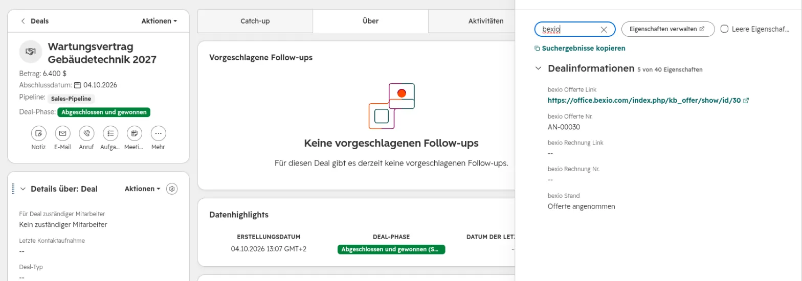 Il deal in HubSpot con il campo «bexio Stand»: offerta accettata