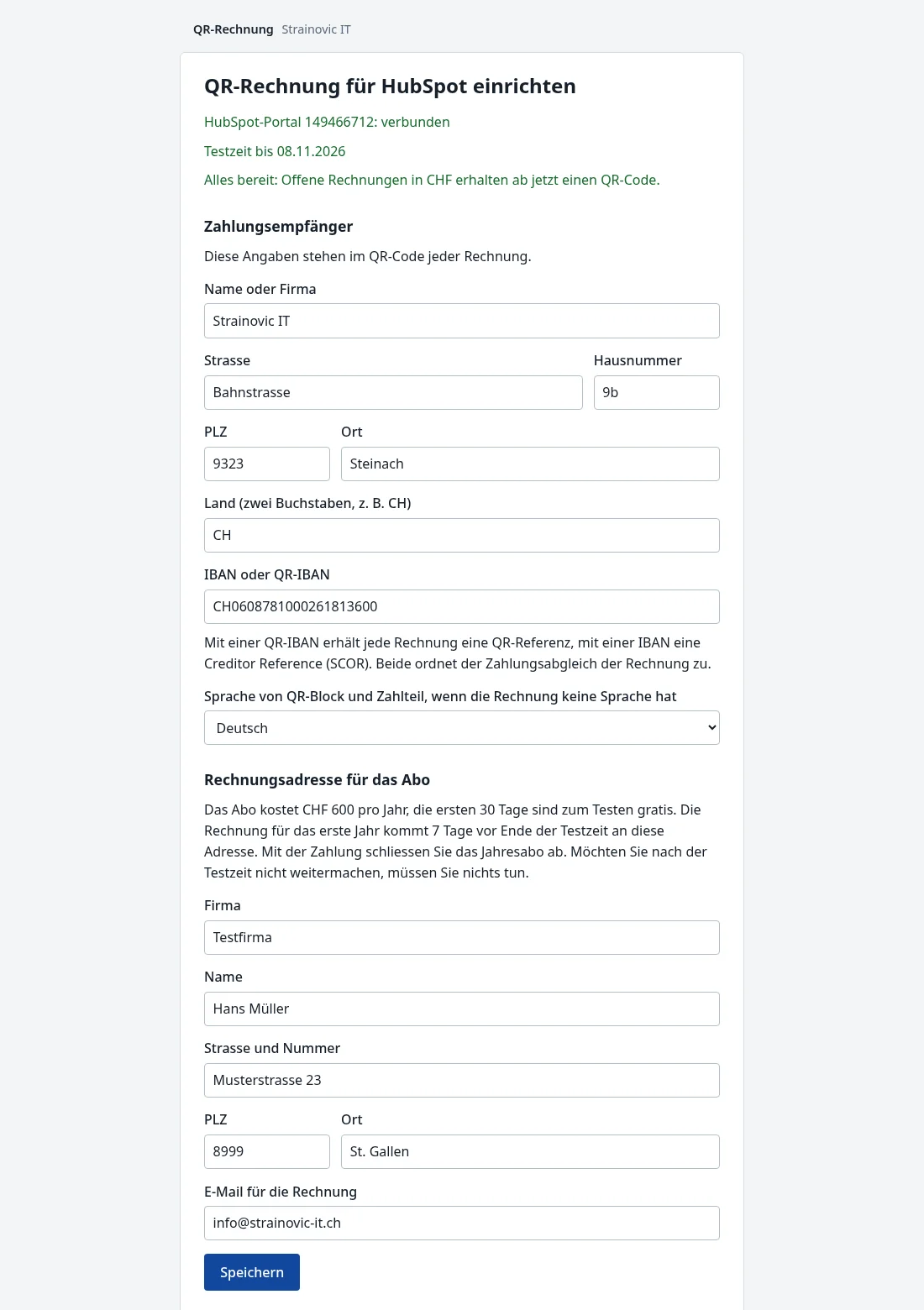 Setup page «QR-Rechnung für HubSpot einrichten» with the fields creditor, IBAN, language and billing address for the subscription