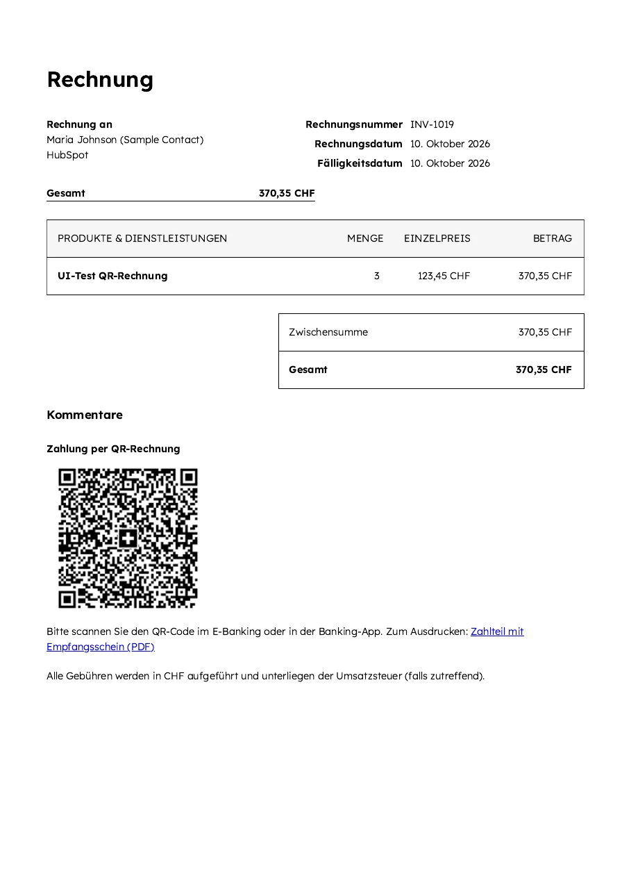 PDF of HubSpot invoice INV-1019 for CHF 370.35, under «Kommentare» the heading «Zahlung per QR-Rechnung» with the QR code and the link «Zahlteil mit Empfangsschein (PDF)»