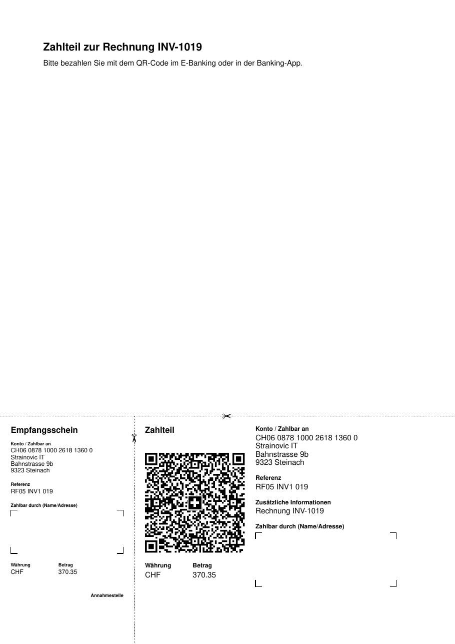 A4 page «Zahlteil zur Rechnung INV-1019» with receipt and payment part at the bottom, reference RF05 INV1 019, amount CHF 370.35